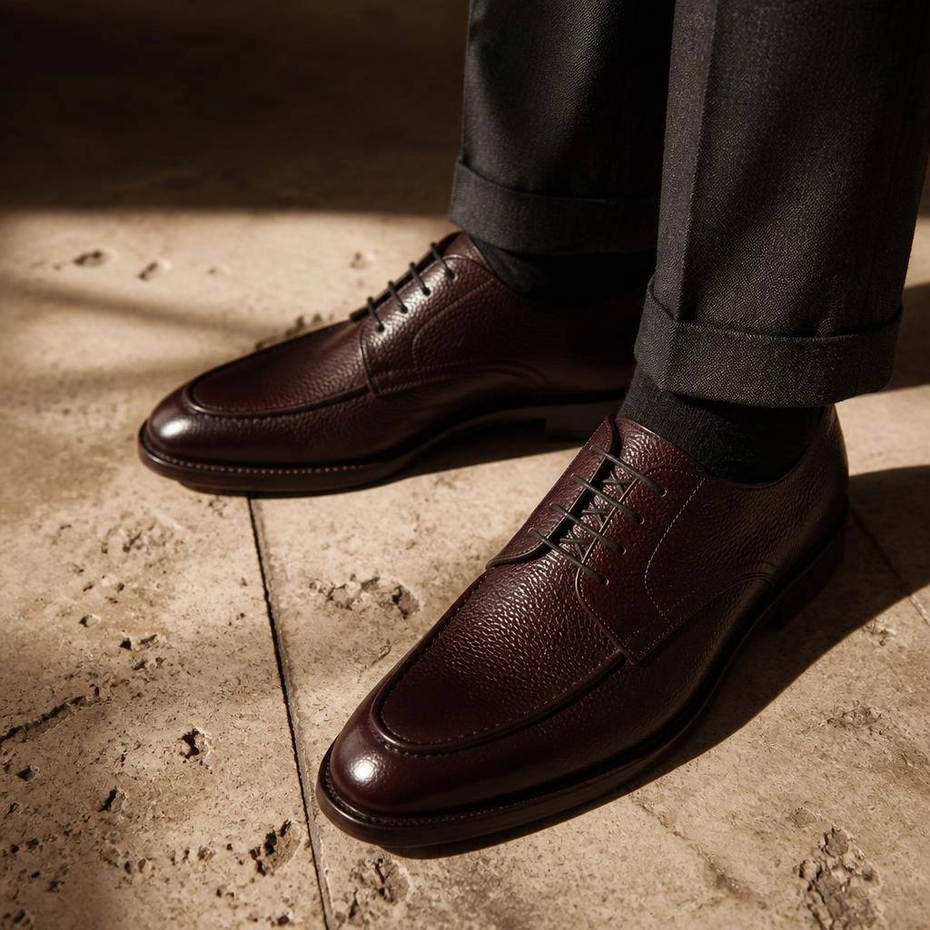 Lug-Sole Handcrafted Derby Shoes in Polished Black